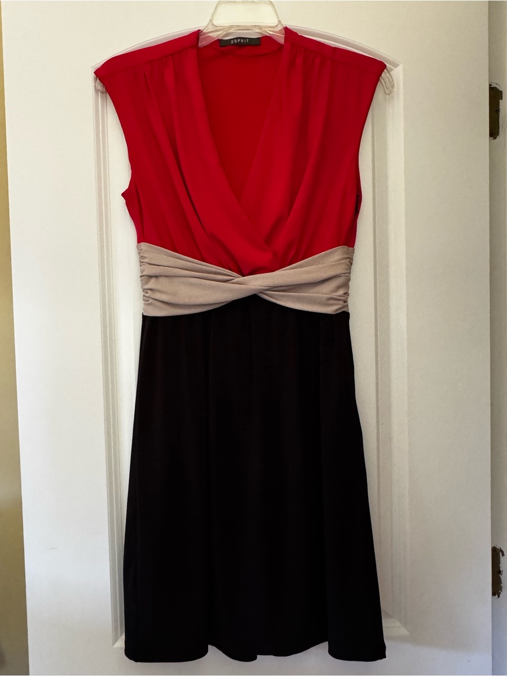 ESPRIT Red, Beige & Black Colorblock Midi Dress